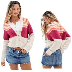 AMERICAN EAGLE | Wool Blend Oversized Cropped Striped Multicolor Cardigan Size L
